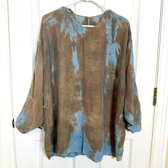 URU URU Tie Dyed Oversized Tunic Top Brown Blue Long Sleeve Relaxed Fit M/L EUC - Picture 2 of 9